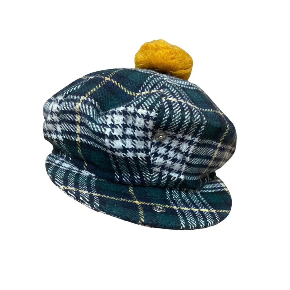 VTG Shandon Ireland Plaid Wool Tam O Shanter Hat Green Newsboy Cap Size 7 1/8